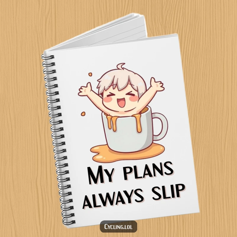 Funny notebook cover showing a character hilariously slipping on spilled liquid, arms flailing, perfect for jotting down funny thoughts.