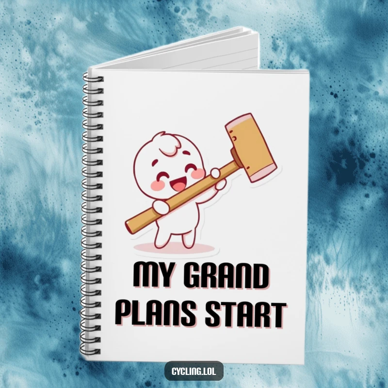 Funny notebook cover featuring a character comically hammering a pretend nail with a comically large hammer, perfect for creative brainstorming.