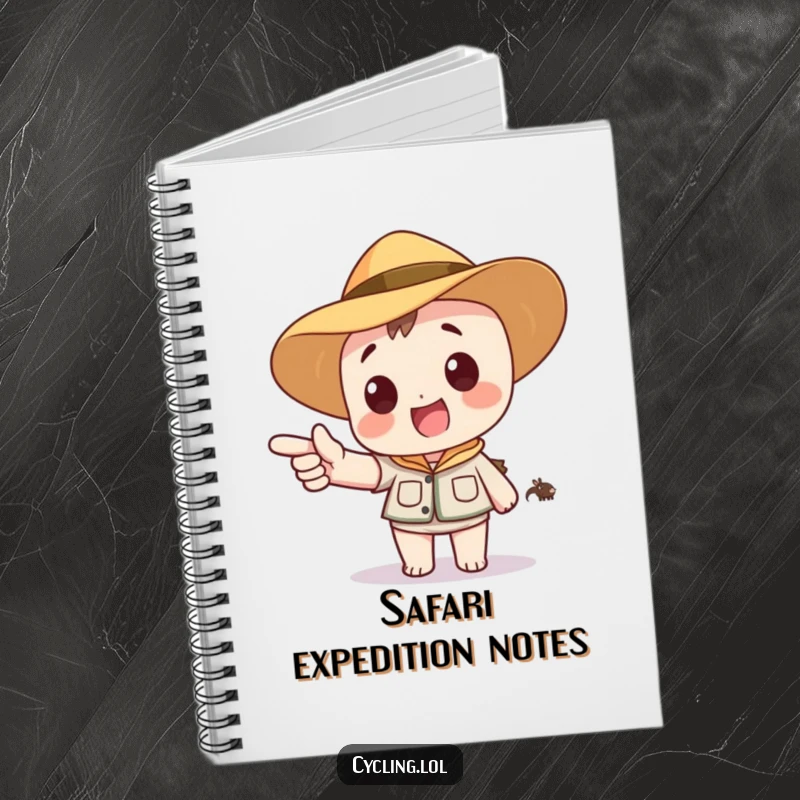 Funny notebook featuring a character in a safari hat, excitedly pointing to a distant, cartoon animal, perfect for adventure journaling.