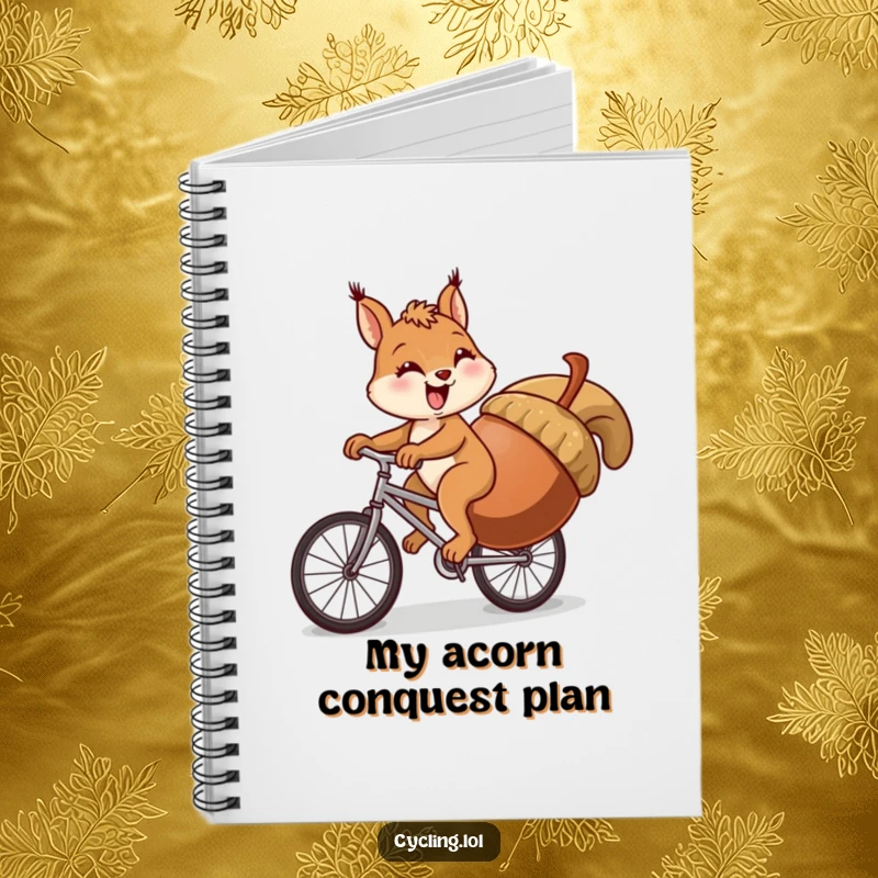 Funny squirrel notebook featuring a comical squirrel cycling uphill with a giant acorn, ideal for journaling humor.