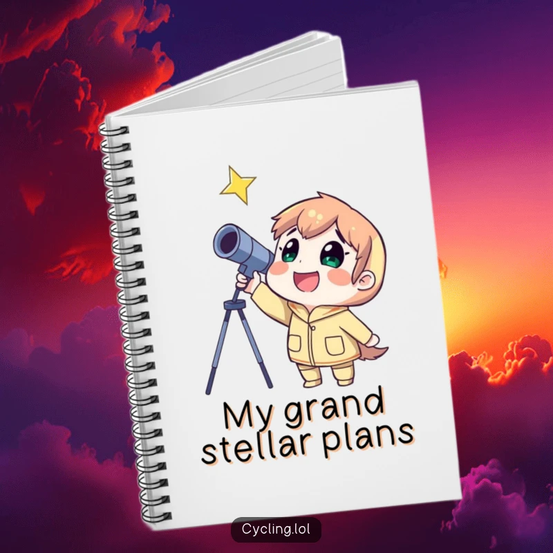 Funny notebook cover featuring a character happily using a telescope to observe a star, inspiring cosmic thoughts.
