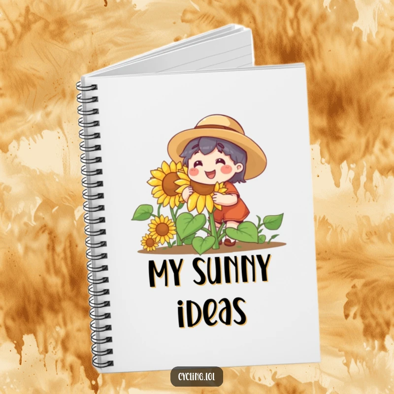 Funny notebook featuring a character in a straw hat, happily tending a giant, smiling sunflower. Great for notes and sketches.