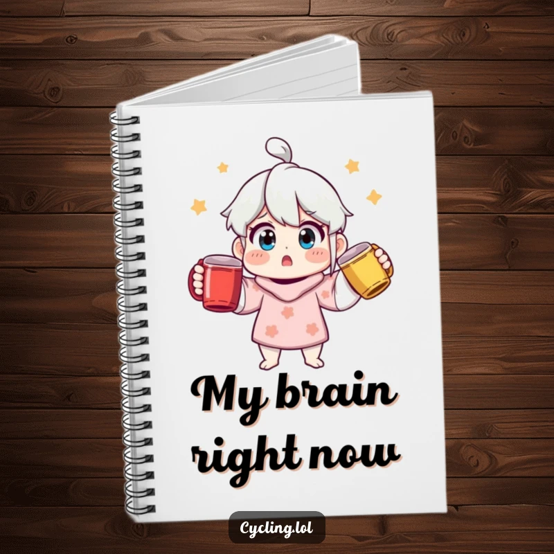 Funny surprised character juggling three colorful mugs on a notebook cover, inspiring humorous note-taking and journaling.