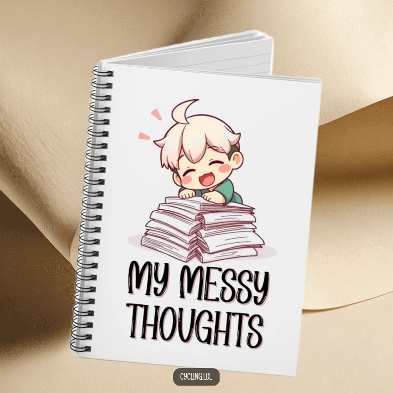 Funny notebook displaying a character laughing while tripping over research papers, perfect for jotting down notes with a humorous academic touch.