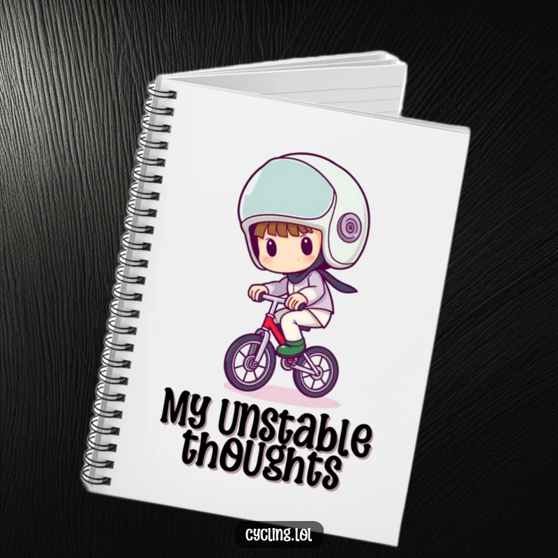 Funny notebook with a character wearing a comically large helmet, wobbling precariously on a unicycle, ready to hold your ideas.