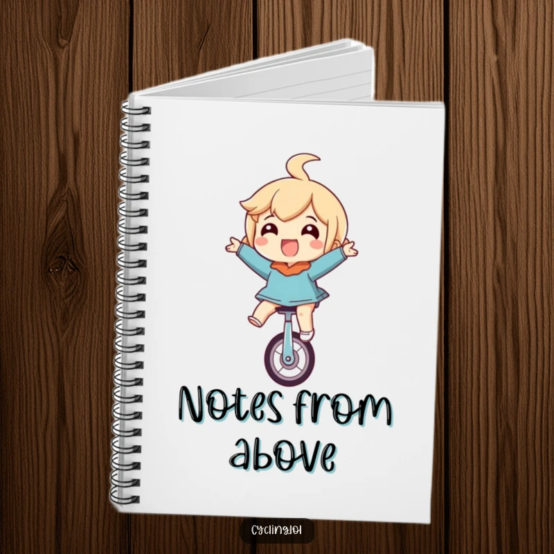 Funny notebook cover with a character riding a unicycle upside down, eyes wide with glee, perfect for jotting down unique thoughts.