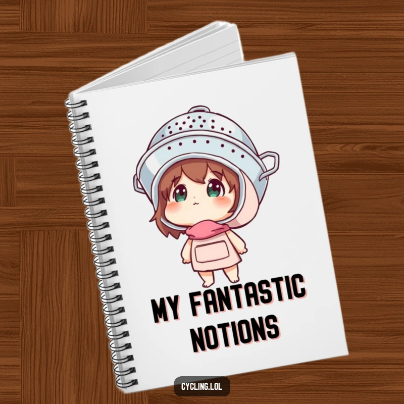 Funny notebook cover featuring a character wearing a colander helmet and looking up with wonder, inspiring creativity.