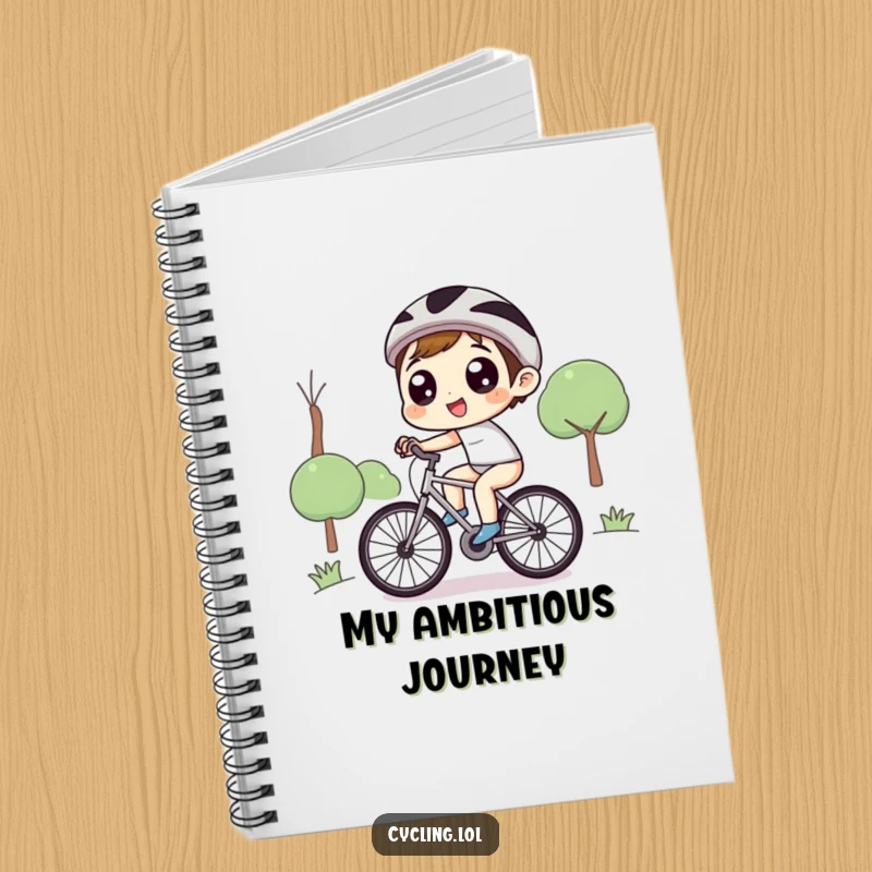 Funny notebook with a character, eyes wide with delight, joyously pedaling a bicycle uphill, ready to capture your brilliant ideas.