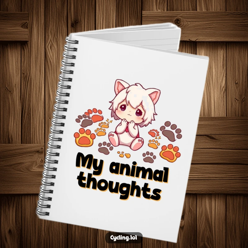 Funny notebook featuring a character surrounded by animal footprints, looking thoughtfully, perfect for nature journaling and notes.