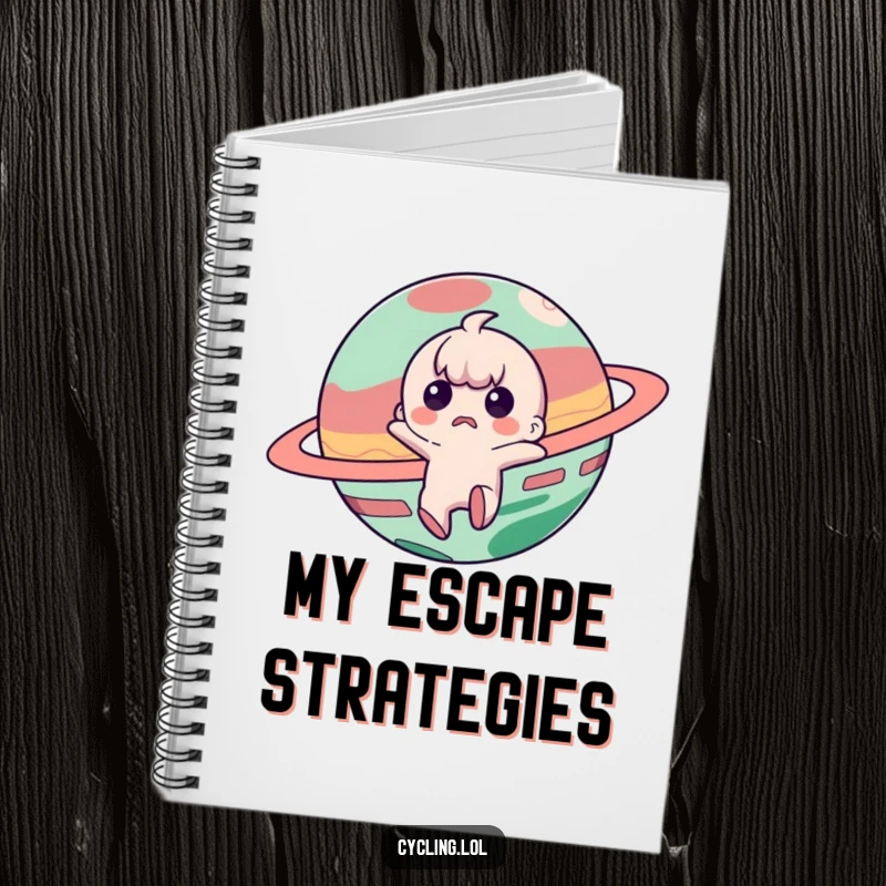 Funny notebook cover featuring a startled character reacting to a mischievous planet, inspiring cosmic note-taking.