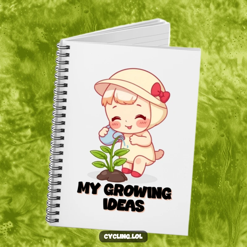 Funny notebook with a character watering a giggling, growing plant on the cover, ideal for journaling and notes.