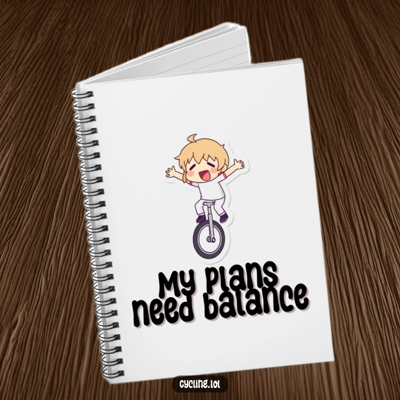 Funny notebook cover with a character humorously failing to balance on a unicycle, arms flailing, perfect for jotting down funny thoughts.