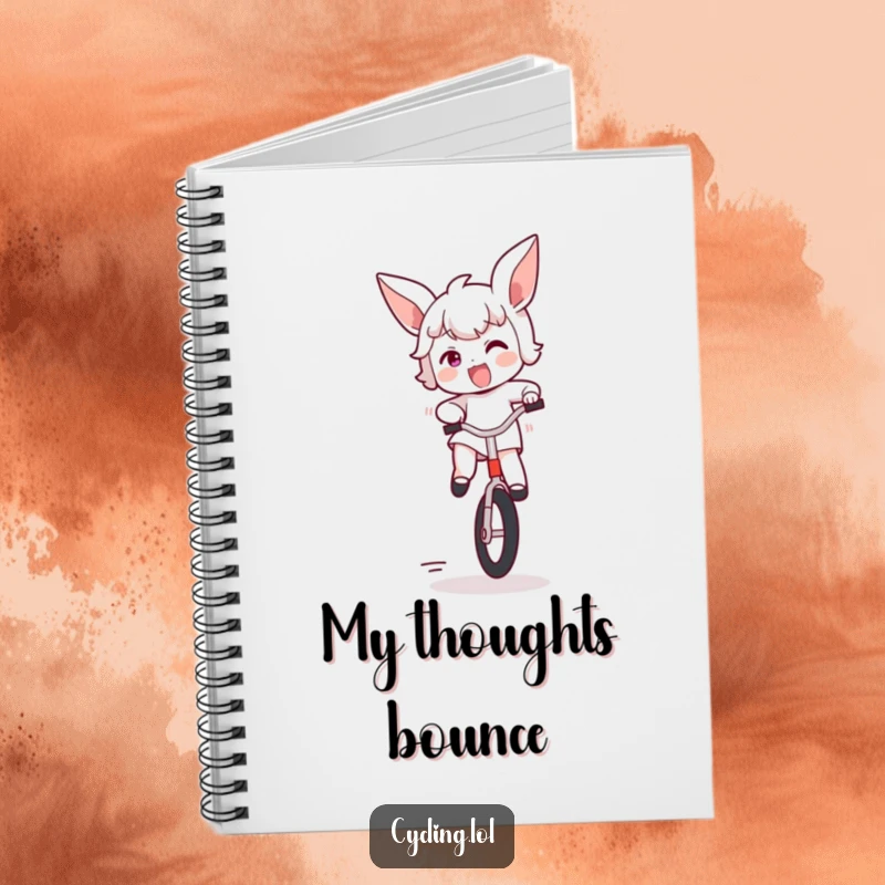 Funny notebook cover depicting a character bouncing excitedly on a unicycle, ears flapping, ideal for jotting down energetic thoughts and plans.