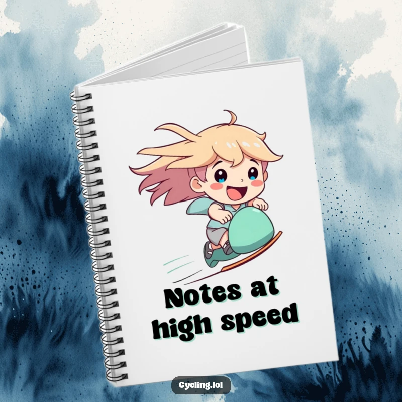 Funny speed notebook showing a character zooming downhill with windblown hair and a wide, happy smile, inspiring notes.