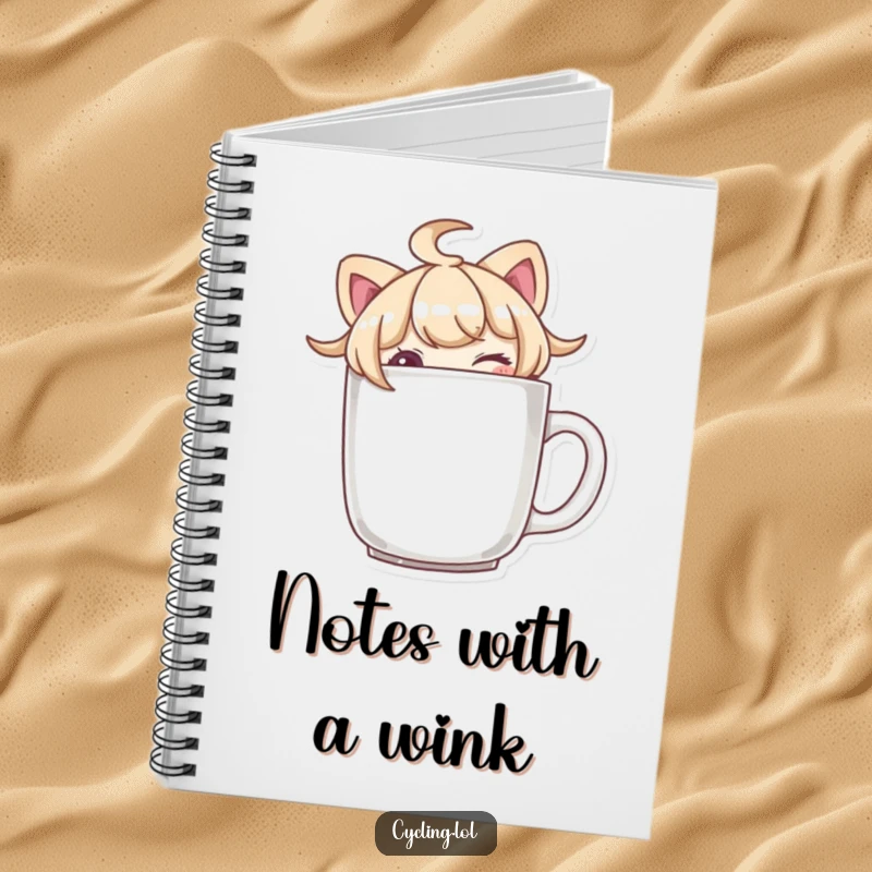 Funny character peeking over a mug brim and winking on a notebook, perfect for jotting down playful notes and ideas.