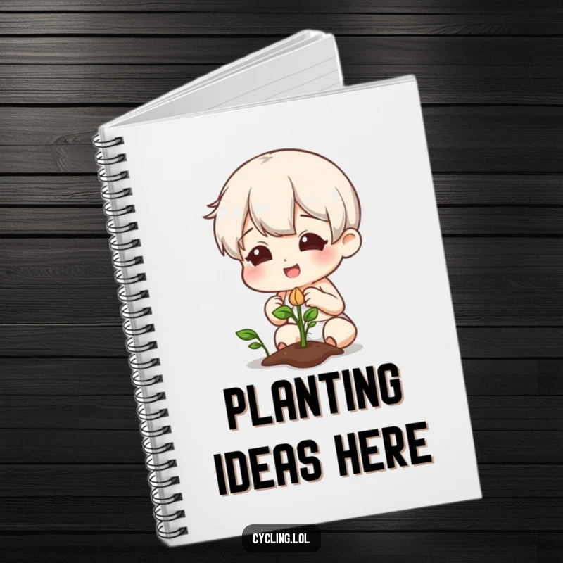 Funny notebook with a character smiling as they curiously look at a plant with a sprouting seed, ideal for notes and journaling.