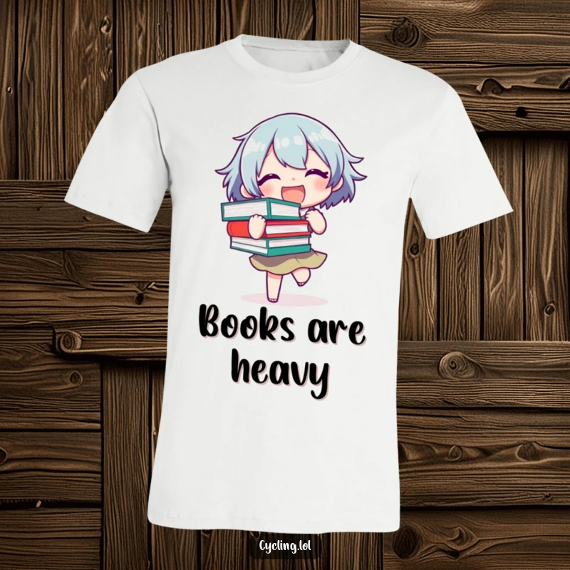 Funny T-Shirt with a joyful character enthusiastically holding a stack of books, nearly losing balance, depicting bookish excitement.