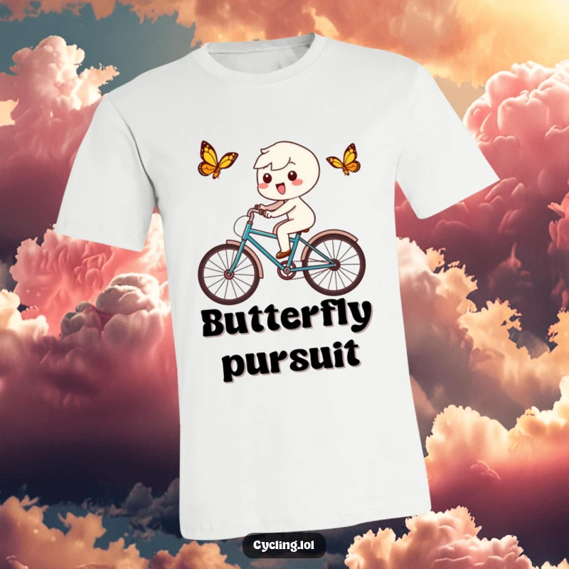 Funny t-shirt depicting a delighted Kawaii character joyfully cycling after a butterfly, capturing a moment of pure, innocent fun.