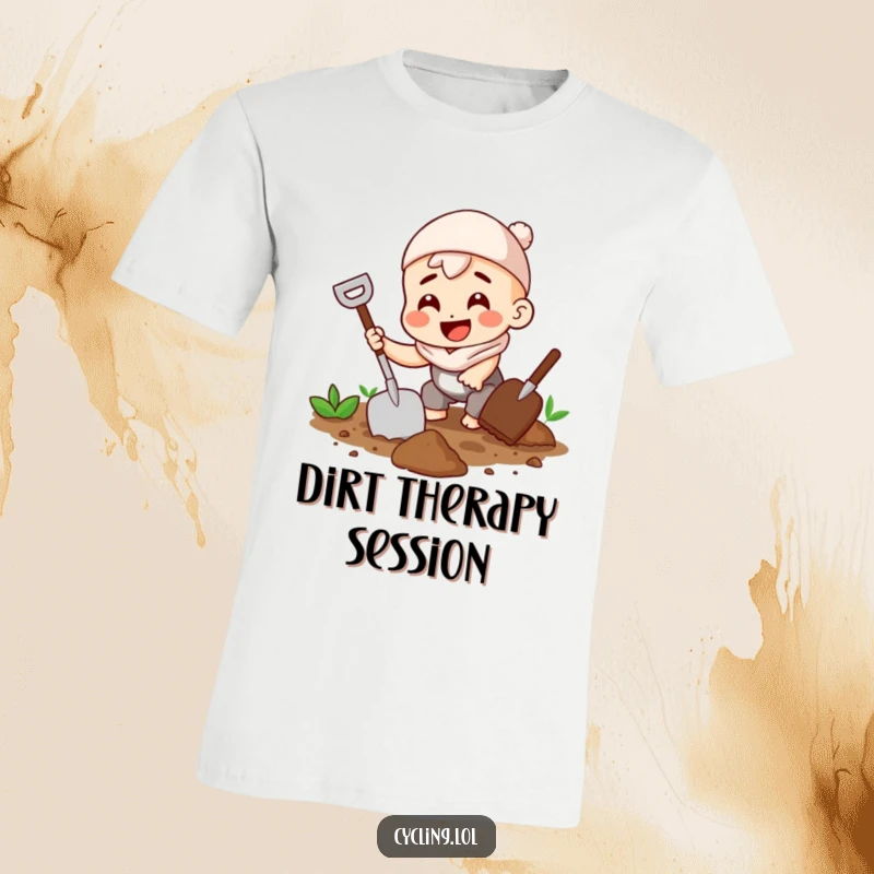 Funny t-shirt featuring a character digging soil with a trowel and a huge grin, epitomizing gardening enthusiasm.