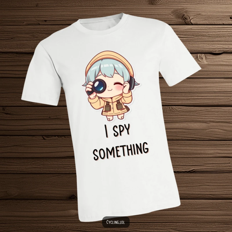 Funny T-Shirt: Character focused on adjusting binoculars, symbolizing exploration and adventure, a humorous design for travel enthusiasts, perfect as a funny gift.