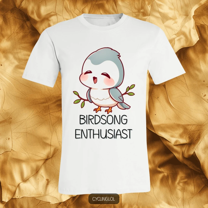 Funny t-shirt featuring a character with head tilted, listening intently to bird sounds with delight, celebrating the joy of birdsong.