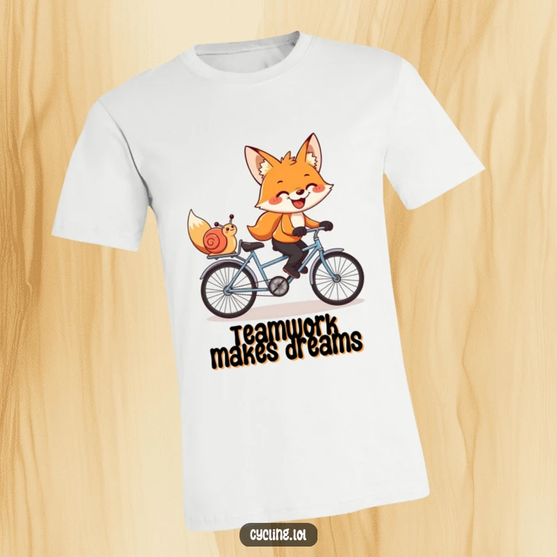 Funny t-shirt showing a grinning fox and snail pedaling a tandem bike, a humorous depiction of unlikely camaraderie.