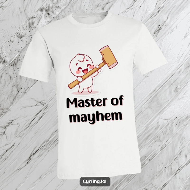 Funny T-Shirt showcasing a cheerful character comically hammering a pretend nail with a comically large wooden hammer, full of DIY energy.