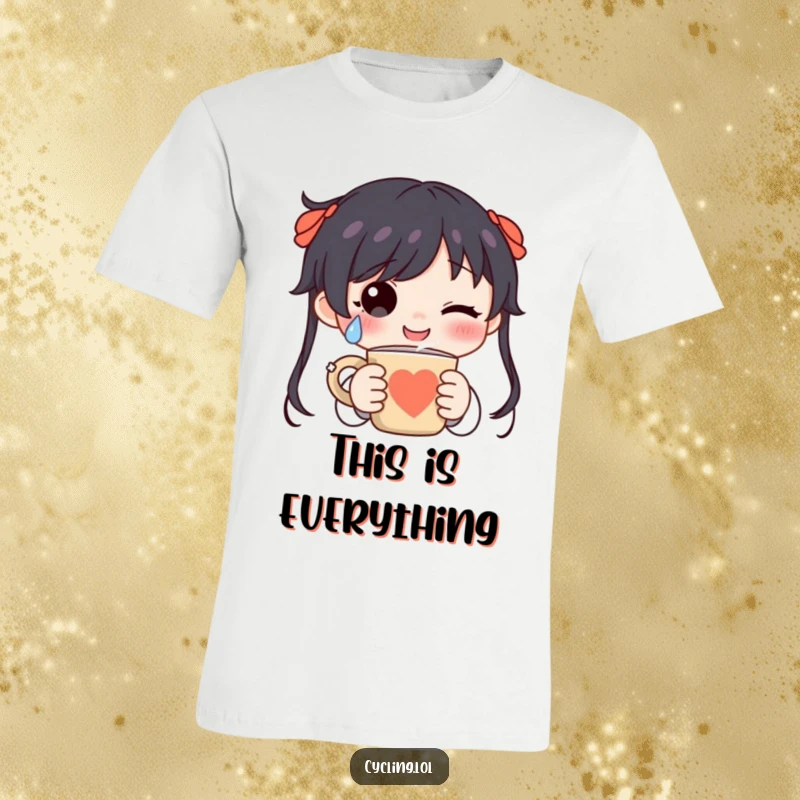 Funny character in a t-shirt, shedding a happy tear while holding a steaming mug, celebrating the joy of a good drink.