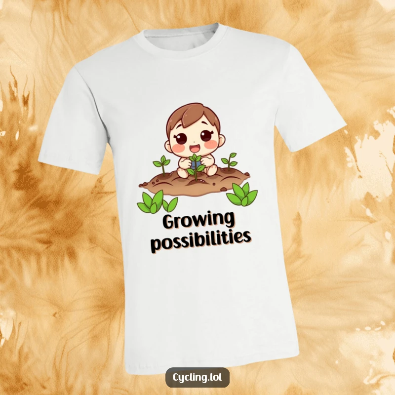 Funny t-shirt featuring a character enthusiastically planting seeds with a hopeful and excited look, celebrating growth and new beginnings.