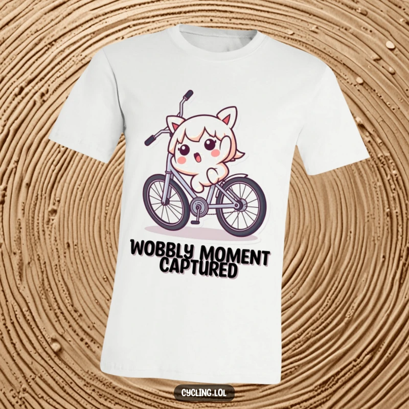 Funny t-shirt depicting a Kawaii character surprised and falling backward off a wobbly bicycle, illustrating a comical bike fail.