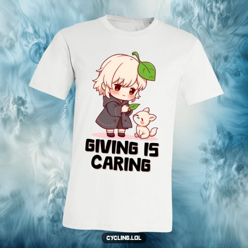 Funny t-shirt featuring a character gently offering a leaf to a small, grateful animal, a heartwarming depiction of kindness.