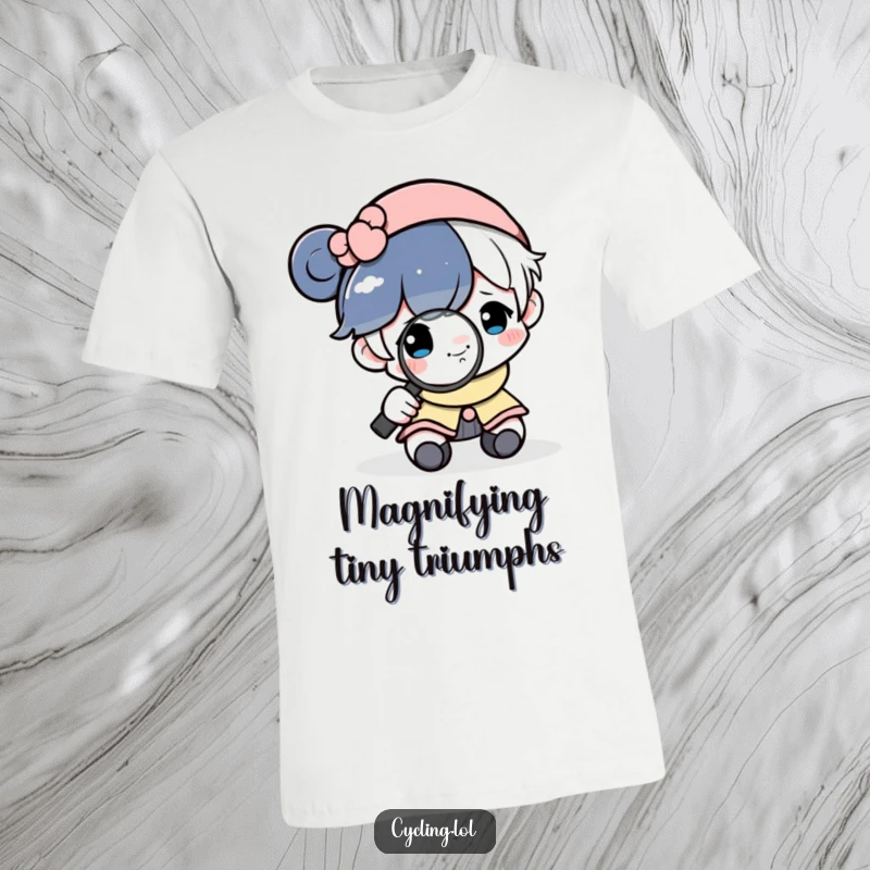 Funny t-shirt with a character intently studying a small, happy moon using a magnifying glass, emphasizing detail.