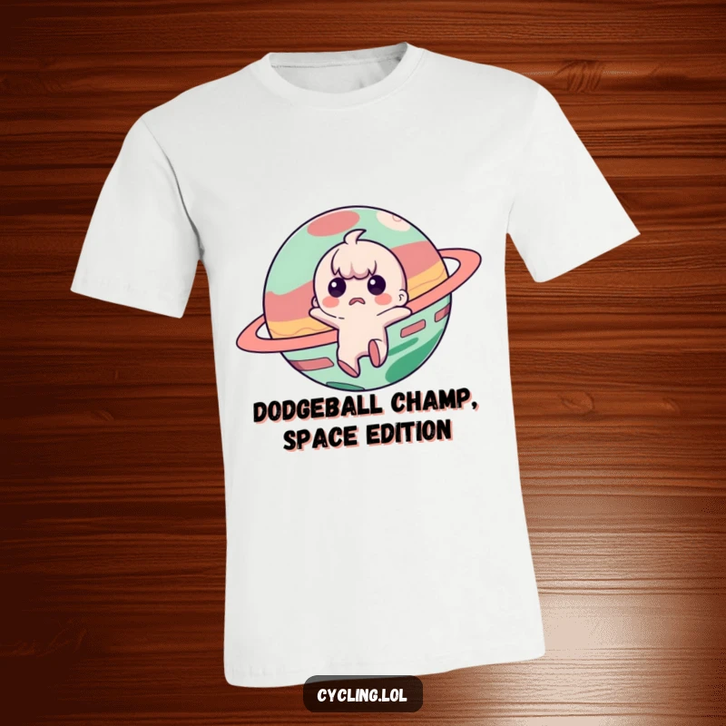 Funny t-shirt featuring a startled character leaping away from a grinning, mischievous-looking planet, full of humor.