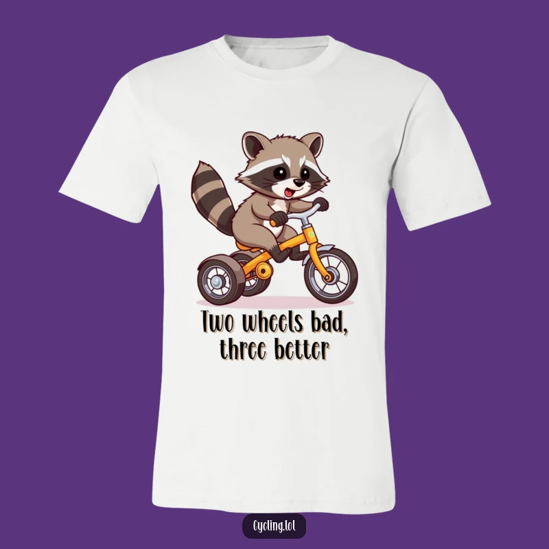 Add a splash of unexpected fun to your wardrobe with this tee showcasing a raccoon's daring tricycle wheelie. Guaranteed to get laughs and turn heads.