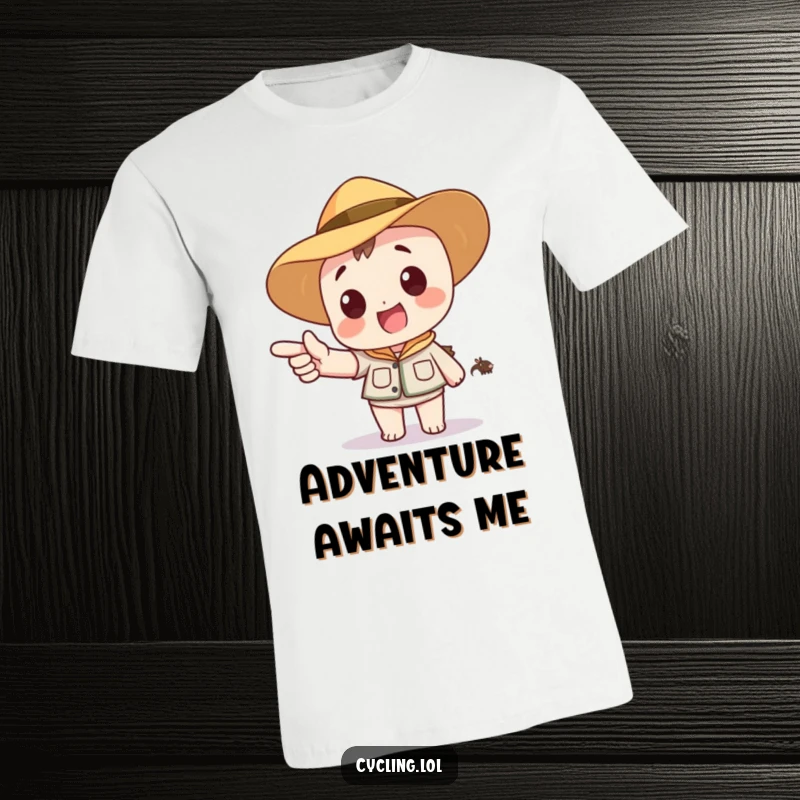 Funny t-shirt featuring a character in a safari hat, excitedly pointing to a distant, cartoon animal, celebrating adventure and discovery.