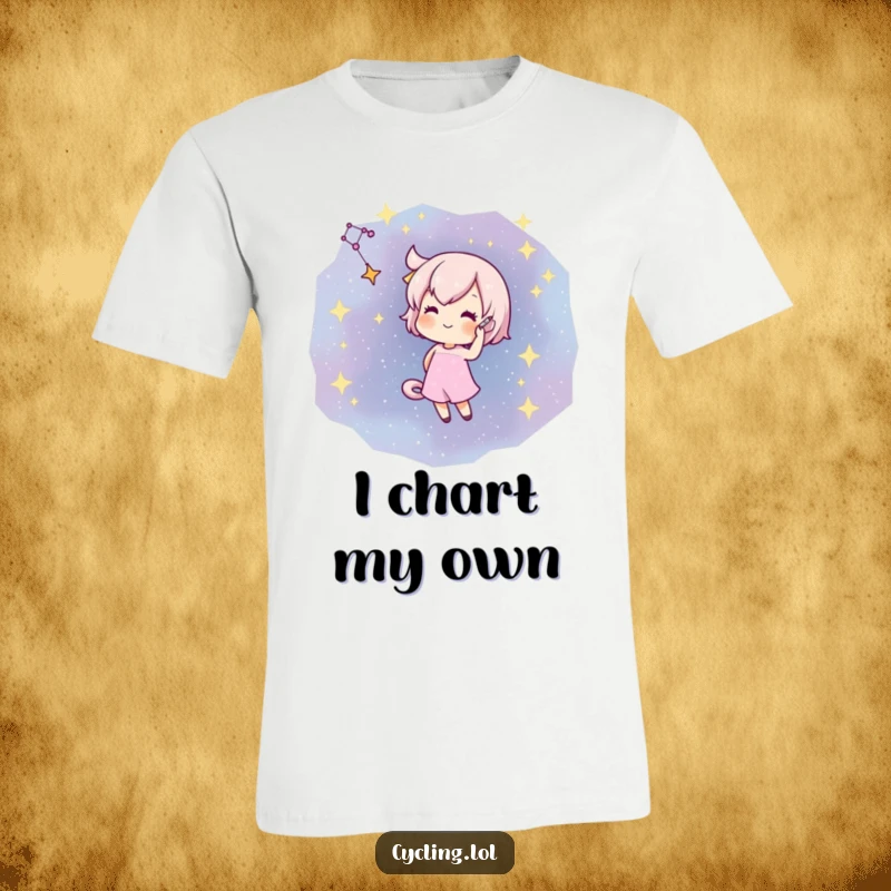 Funny t-shirt featuring a character artistically drawing a constellation with a flourish on a star-filled night sky.