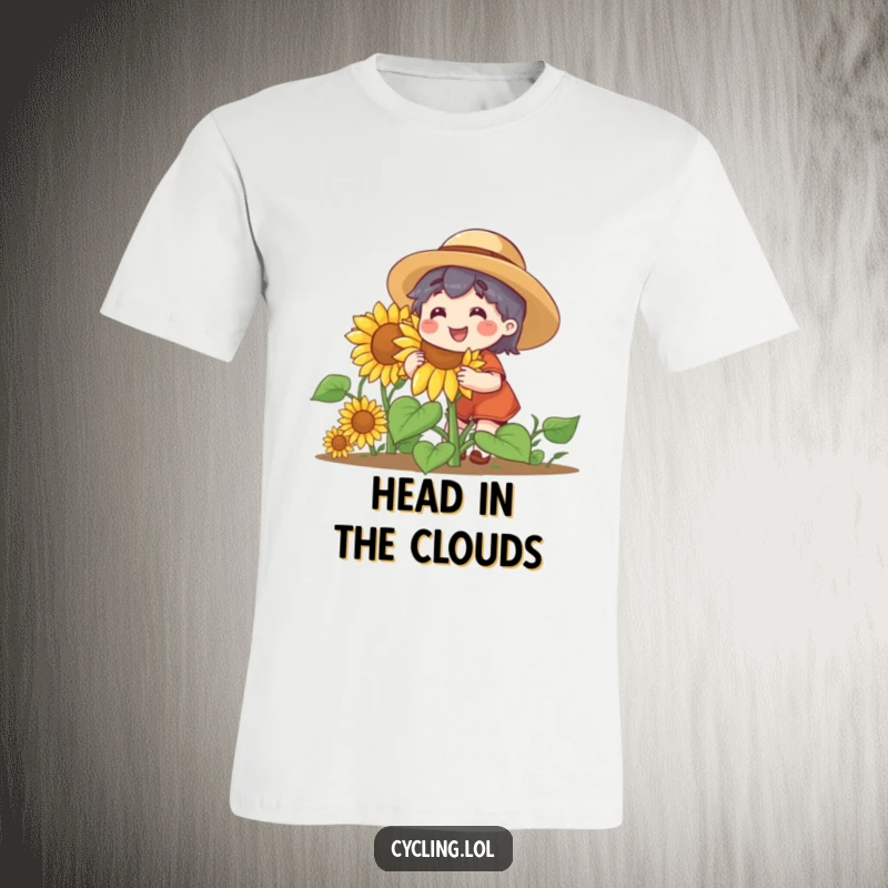 Funny t-shirt with a smiling character in a straw hat, joyfully gardening a massive, beaming sunflower. Perfect for plant lovers.