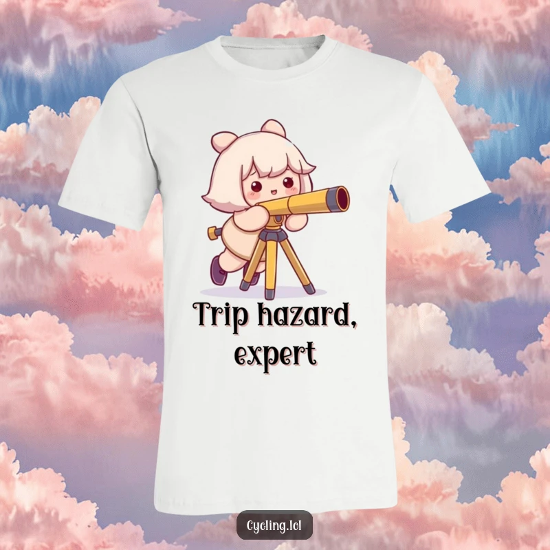 Funny t-shirt of a character comically tripping over a telescope tripod, smiling sheepishly, a relatable moment for space enthusiasts.