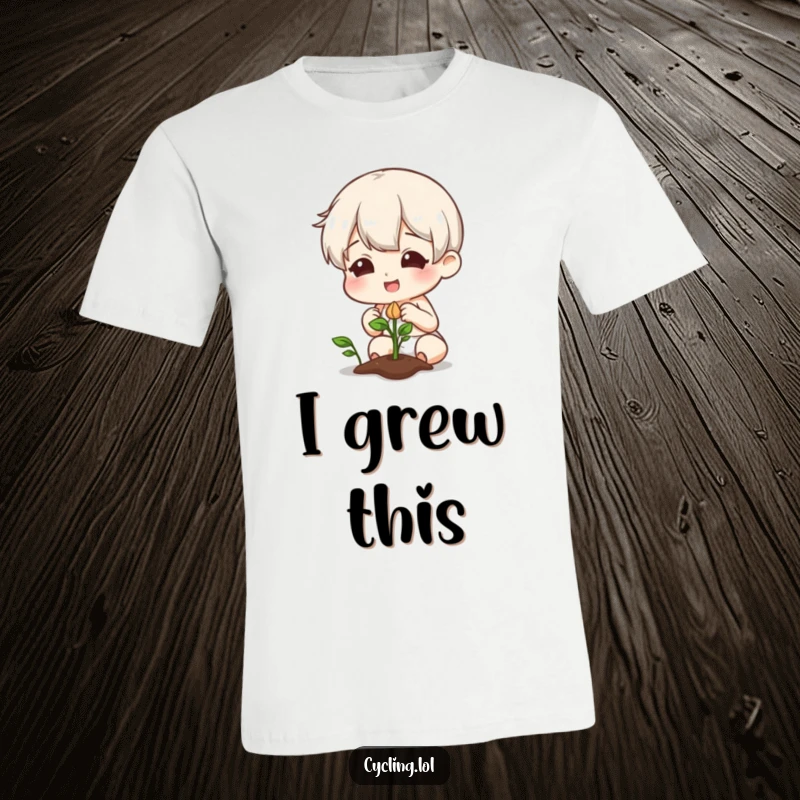 Funny t-shirt featuring a character with a delightful smile, curiously examining a plant with a sprouting seed, perfect for gardeners.