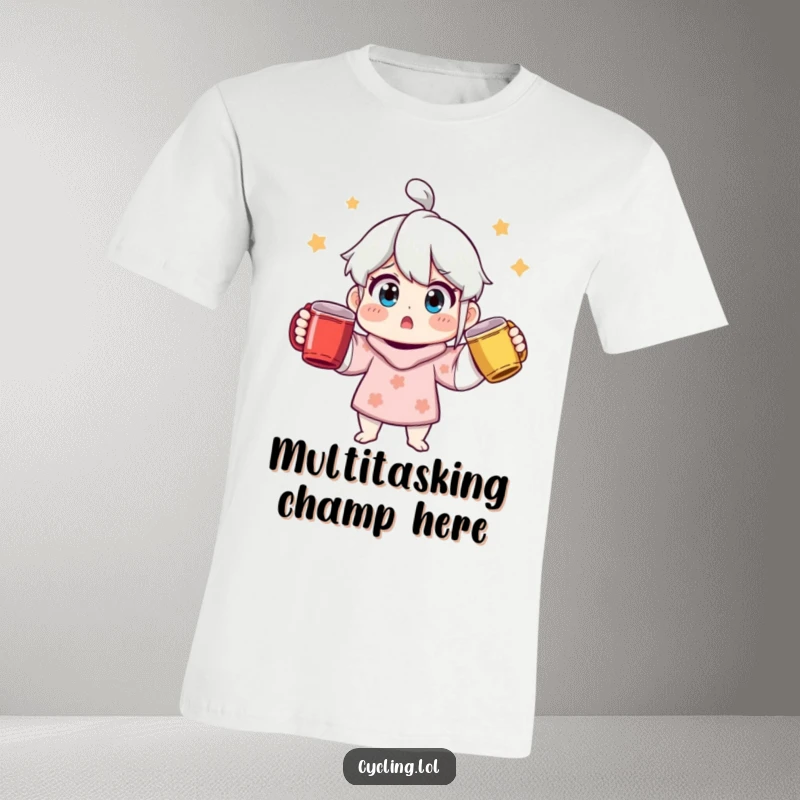 Funny surprised character in a t-shirt, comically juggling three colorful coffee mugs, representing morning madness and coffee love.