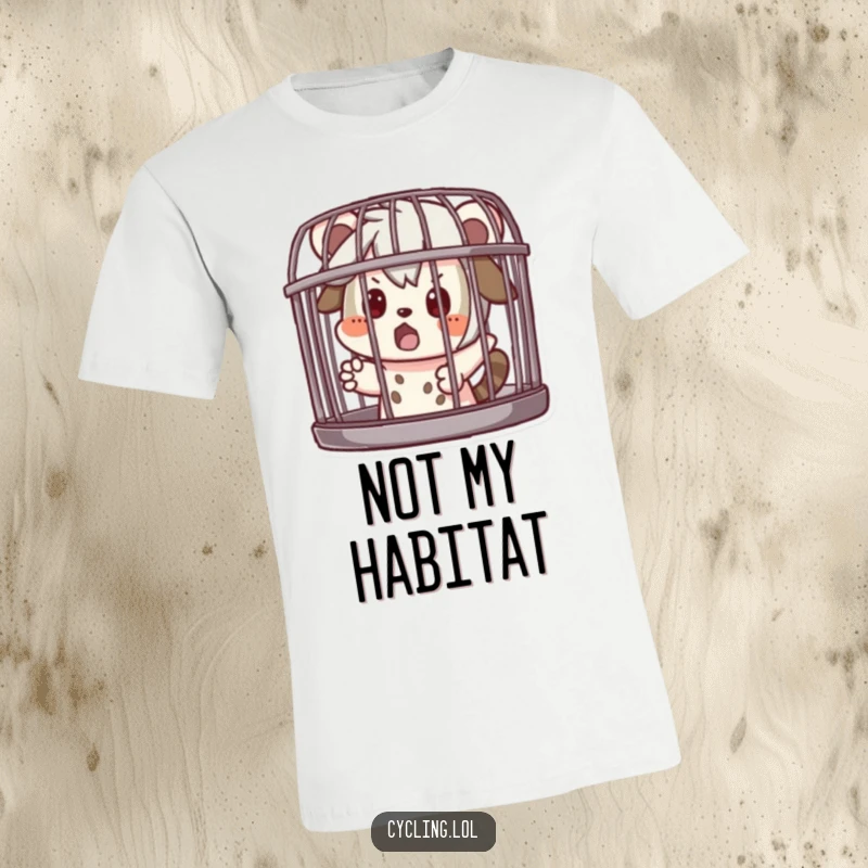 Funny T-Shirt: Character playfully pretends to be caged, looking surprised, embodying a humorous situation and a love for practical jokes, a perfect funny gift.