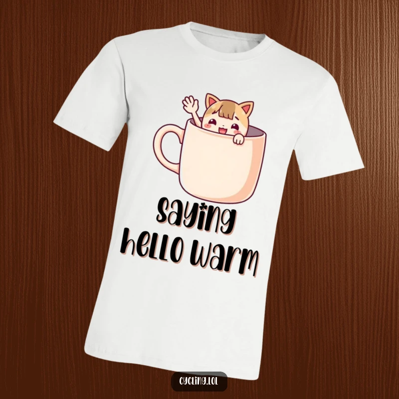 Funny t-shirt showing a character peeking out of a giant mug and waving enthusiastically, perfect for spreading smiles.