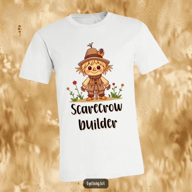 Funny t-shirt depicting a cheerful character actively building a small scarecrow, embodying a busy and creative spirit.