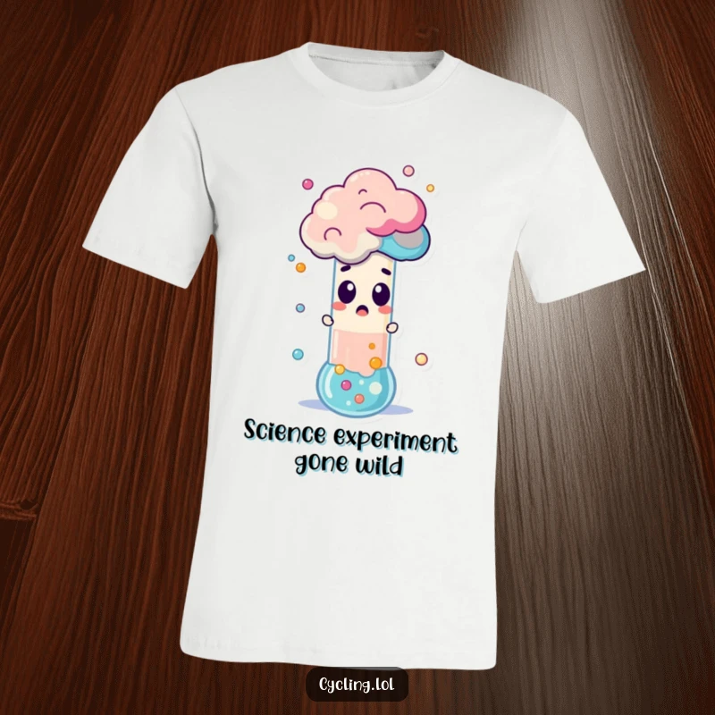 Funny T-Shirt with a surprised character observing a test tube erupting with vibrant, colorful foam in a humorous science mishap.