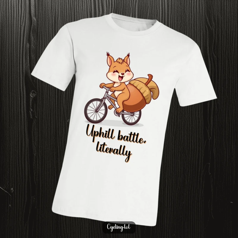 Funny squirrel t-shirt depicting a humorous scene of a squirrel comically failing to cycle uphill with a huge acorn.