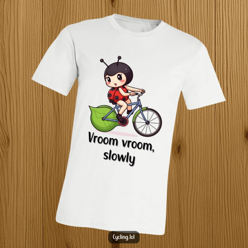 Funny ladybug t-shirt of a determined ladybug furiously pedaling a leaf-shaped bicycle with sheer willpower.