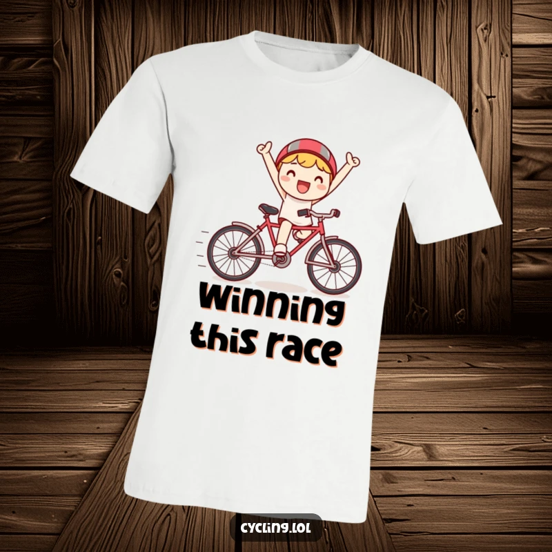 Funny t-shirt with a happy Kawaii character triumphantly riding a tiny bicycle, surrounded by fast speed lines, celebrating victory.
