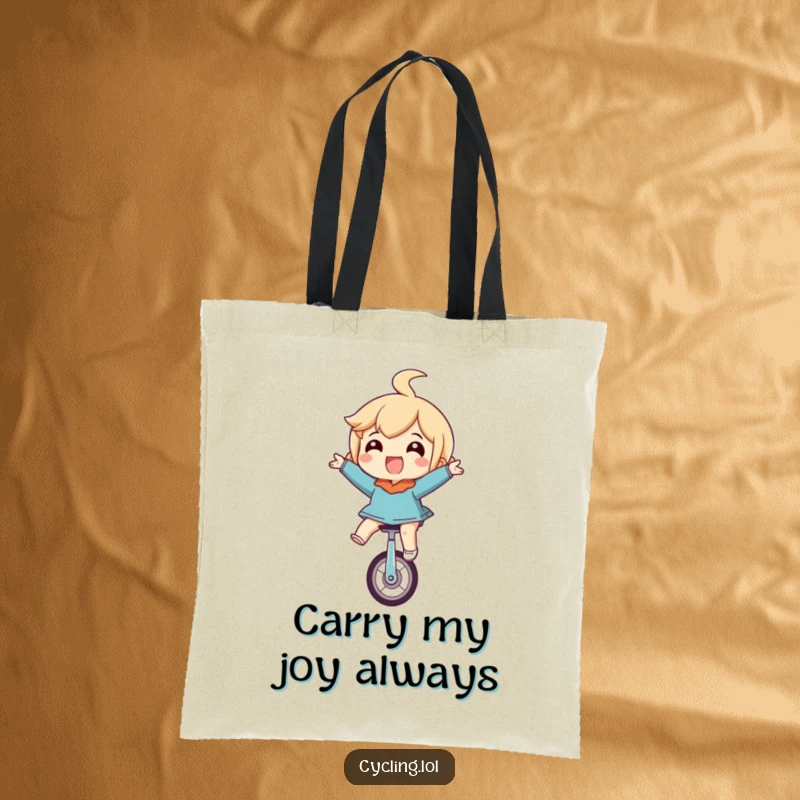 Funny tote bag featuring a character riding a unicycle upside down, eyes wide with glee, showcasing a bold and humorous design.