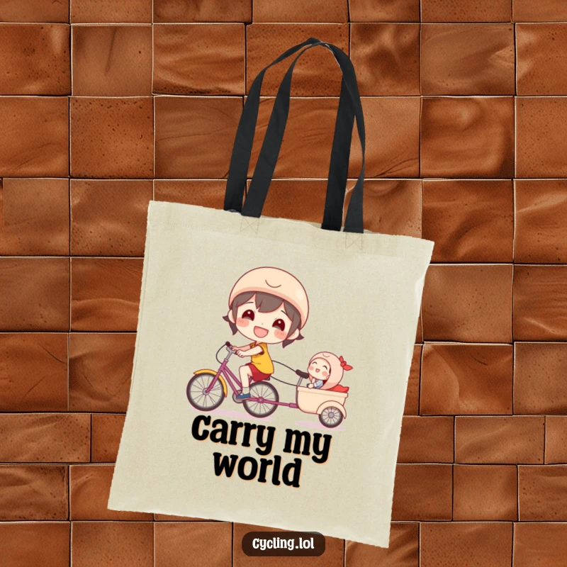 Funny bicycle tote bag depicting a beaming character happily pulling a laughing passenger in a trailer.