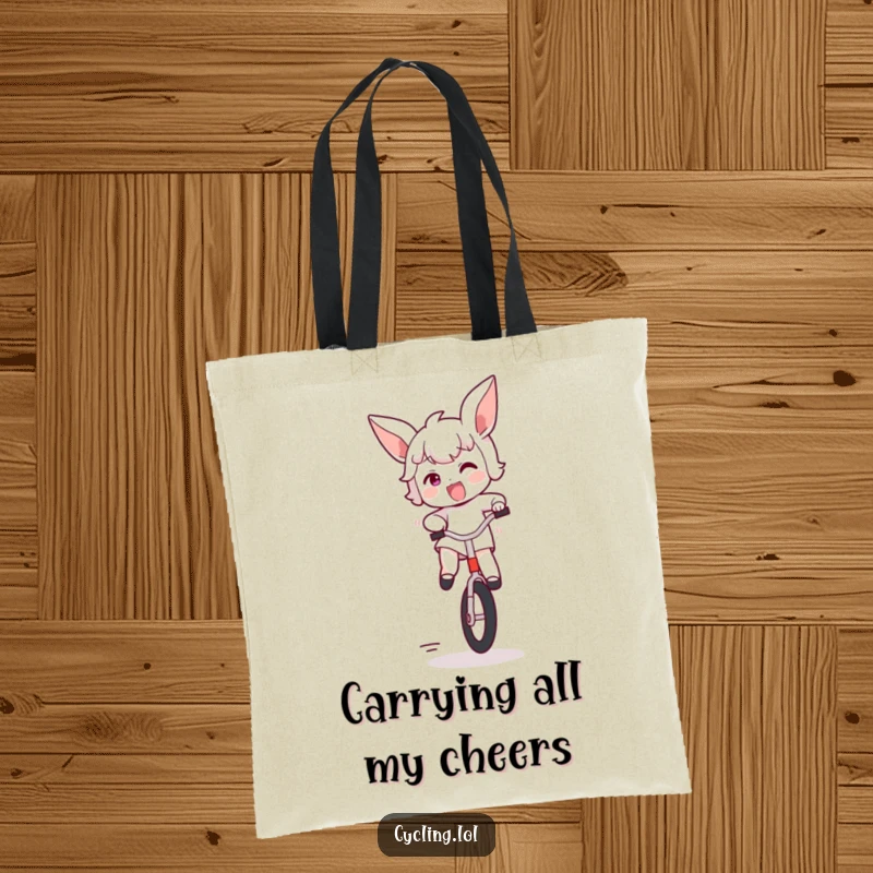 Funny tote bag showcasing a character joyfully bouncing on a unicycle, ears flapping, embodying pure excitement and happy movement.